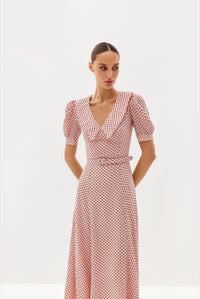 Blush V-neck midi dress with puff sleeves