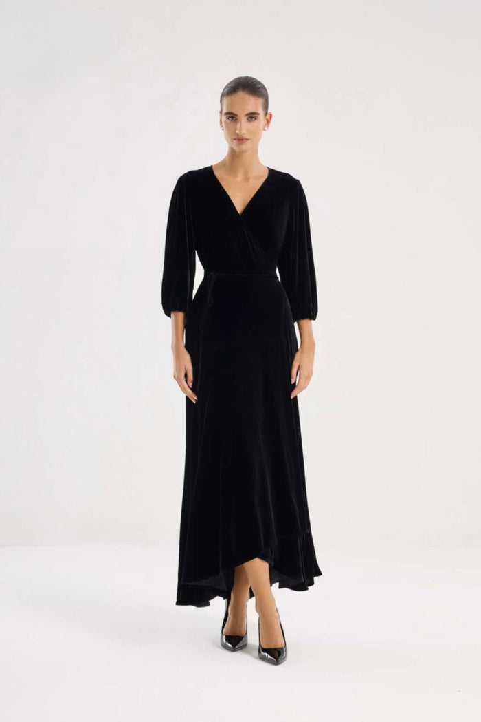 Black wrap-style midi dress with V-neckline