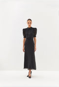 Black polka-dot midi dress with puff sleeves