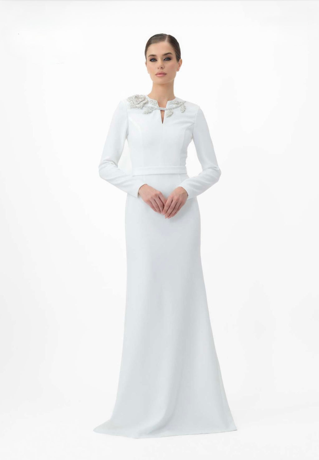 Long-sleeve maxi dress with embellished neckline