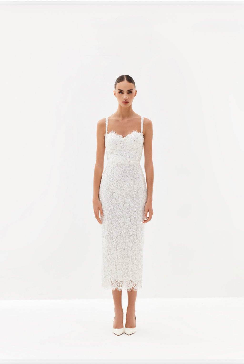 White sequin-embroidered midi dress with detachable straps