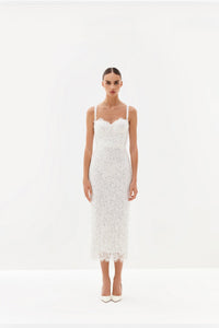 White sequin-embroidered midi dress with detachable straps