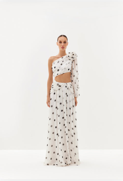 Black polka-dot one-shoulder maxi dress with sheer drape