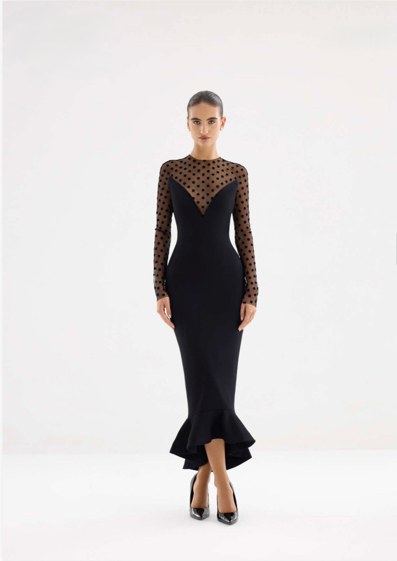 Black sheer polka-dot sleeve midi dress