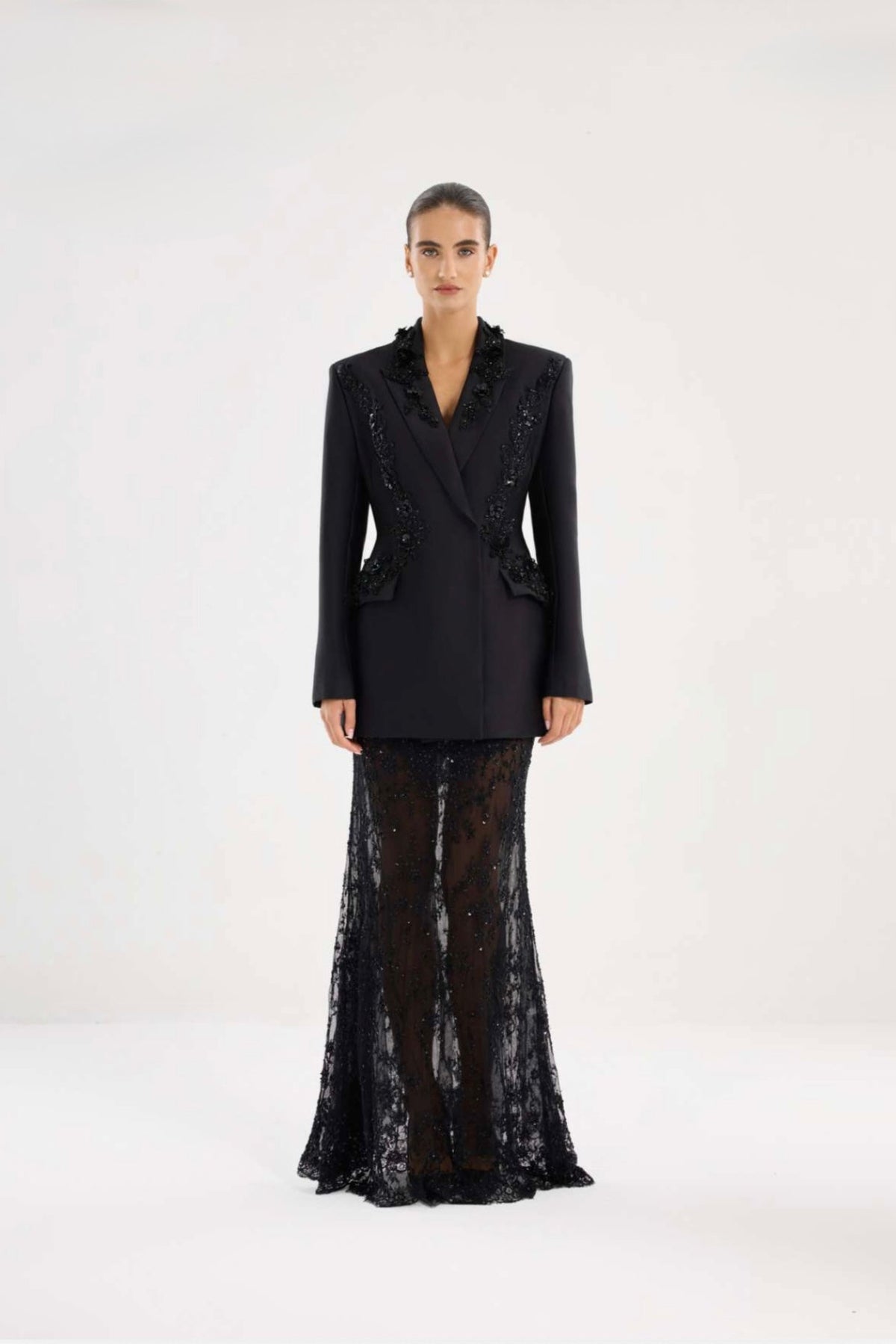 Black embellished blazer and lace maxi skirt set