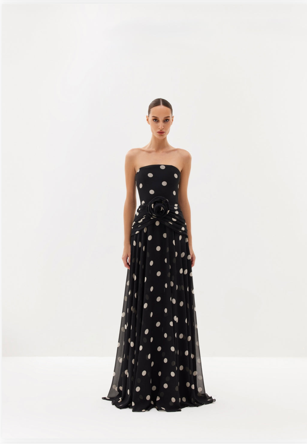 Ivory polka-dot strapless maxi dress with draped waist