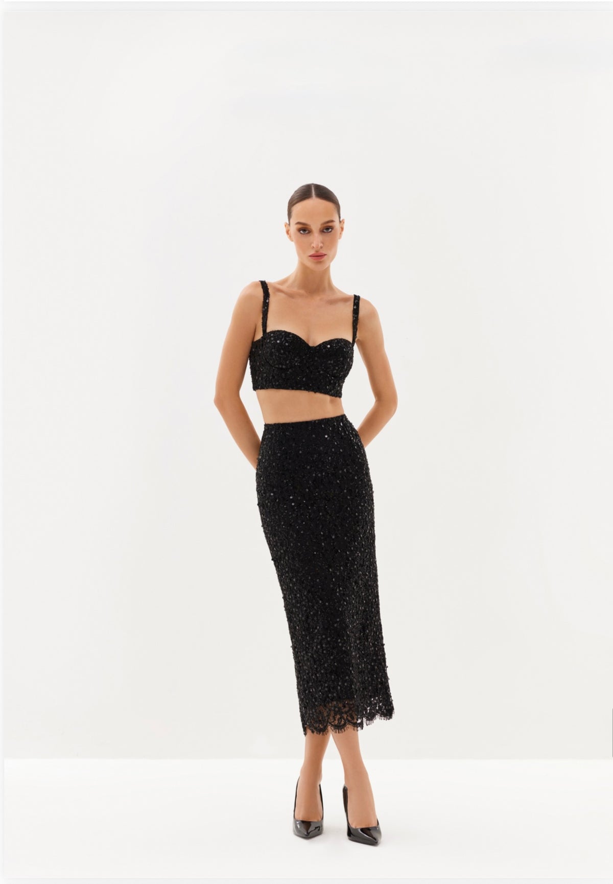Ivory embellished bralette and midi skirt set