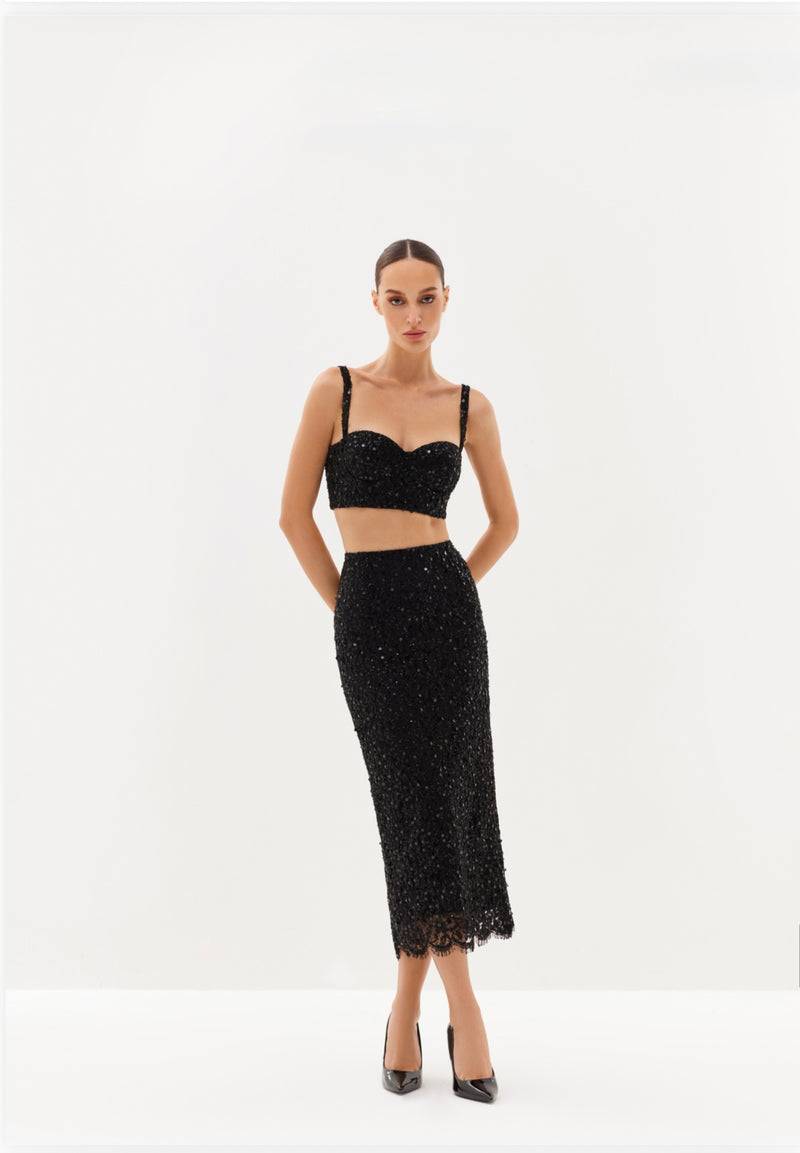 Ivory embellished bralette and midi skirt set
