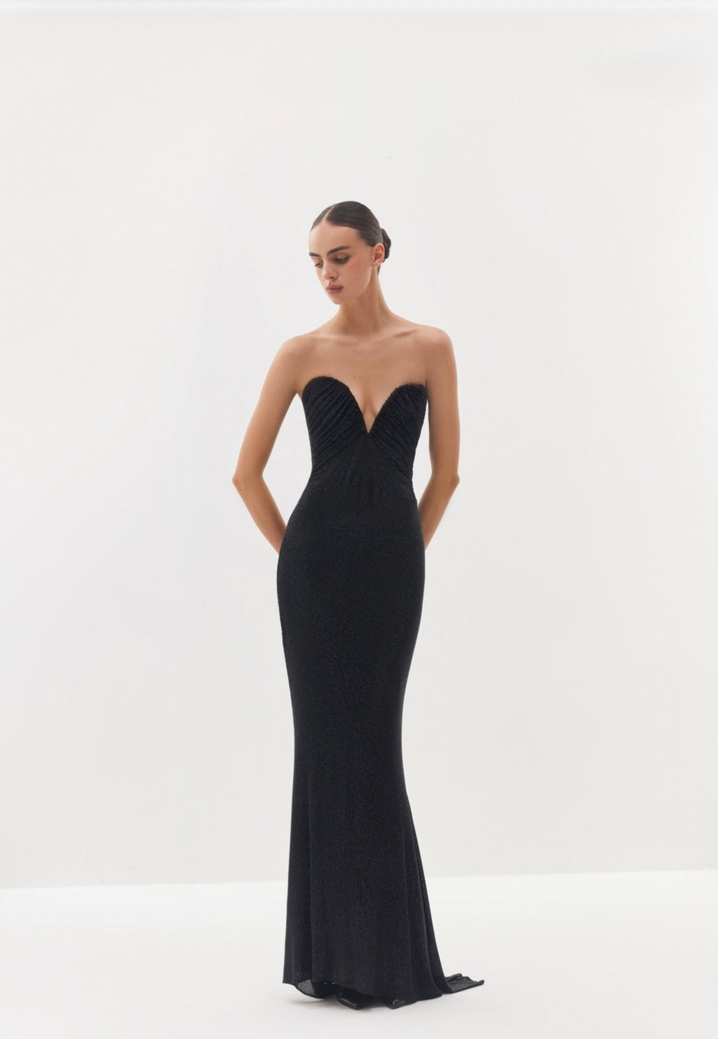 Black strapless maxi dress with draped neckline
