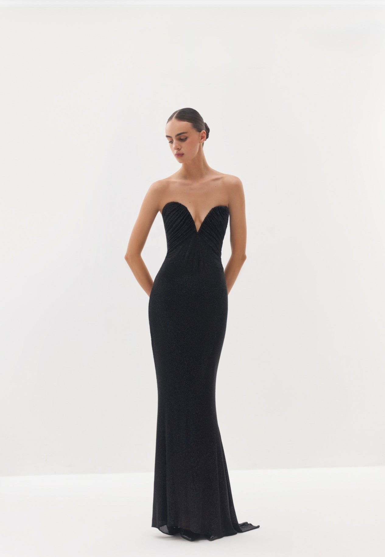 Black strapless maxi dress with draped neckline