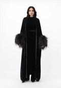 Velvet open abaya with feather cuffs