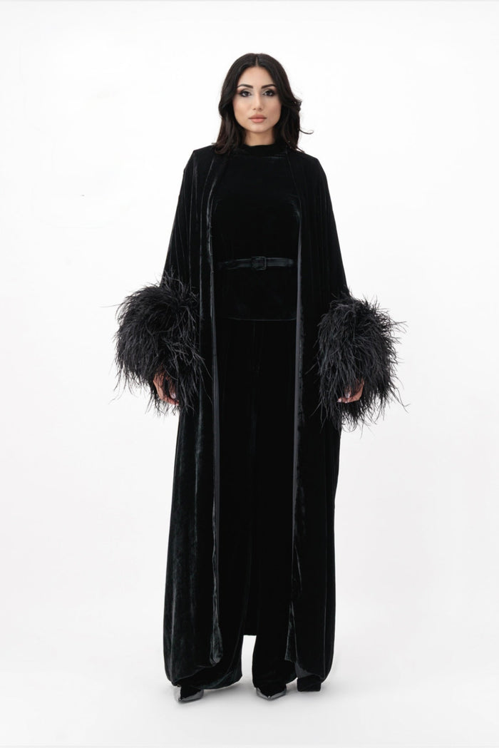 Velvet open abaya with feather cuffs