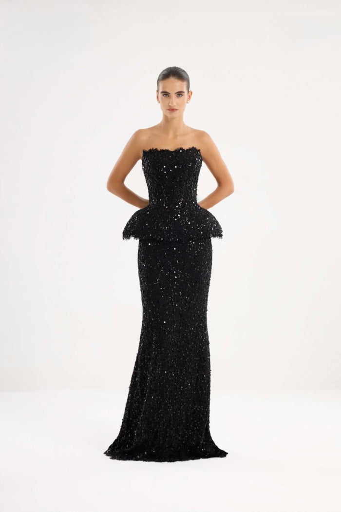 Black strapless embellished peplum gown