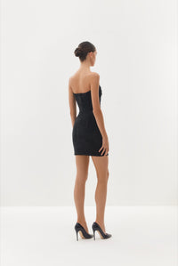 Black strapless mini dress with draped neckline
