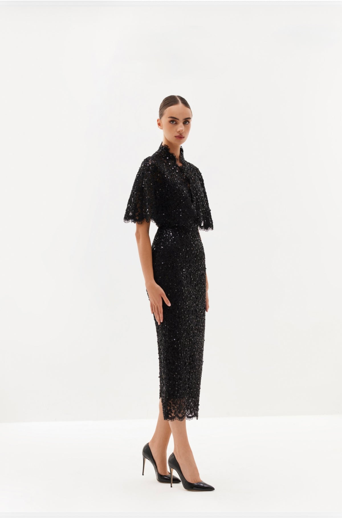 Ivory lace midi dress with cape overlay