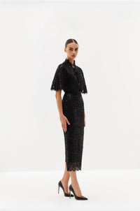 Ivory lace midi dress with cape overlay