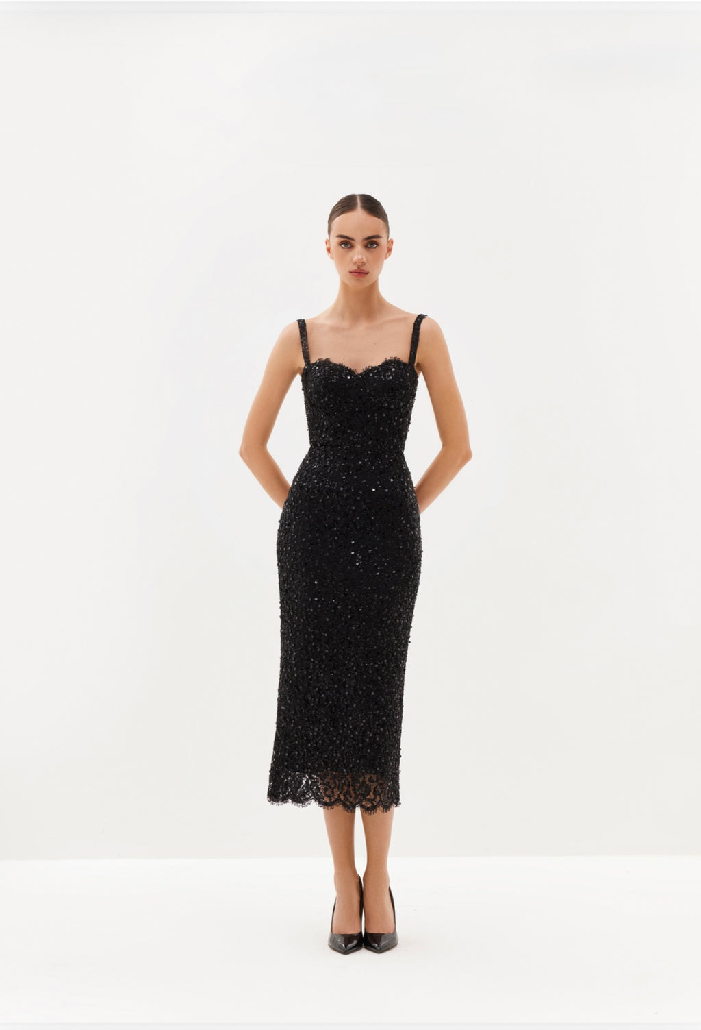 White sequin-embroidered midi dress with detachable straps