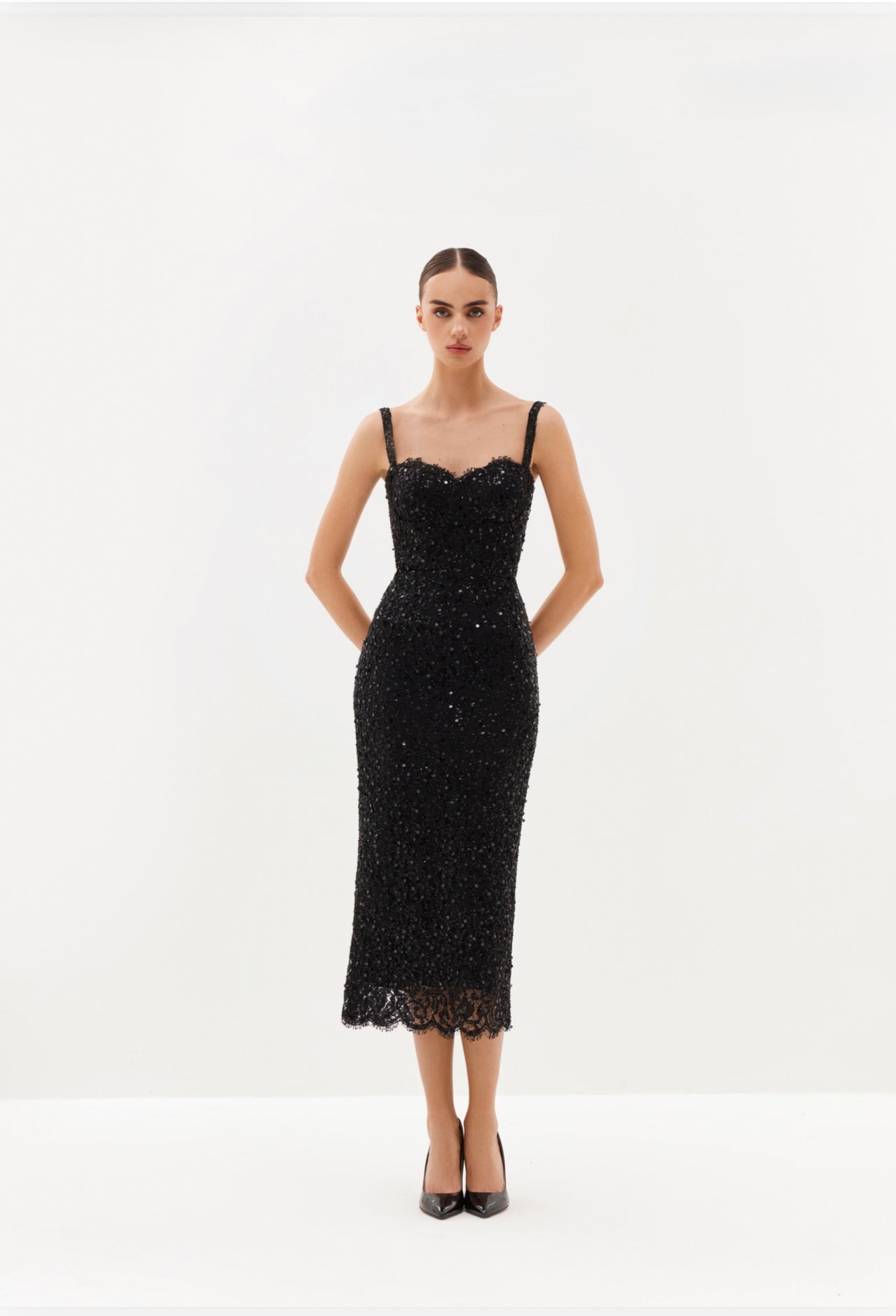 White sequin-embroidered midi dress with detachable straps