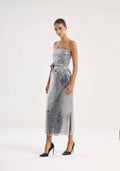 Silver strapless embellished midi dress