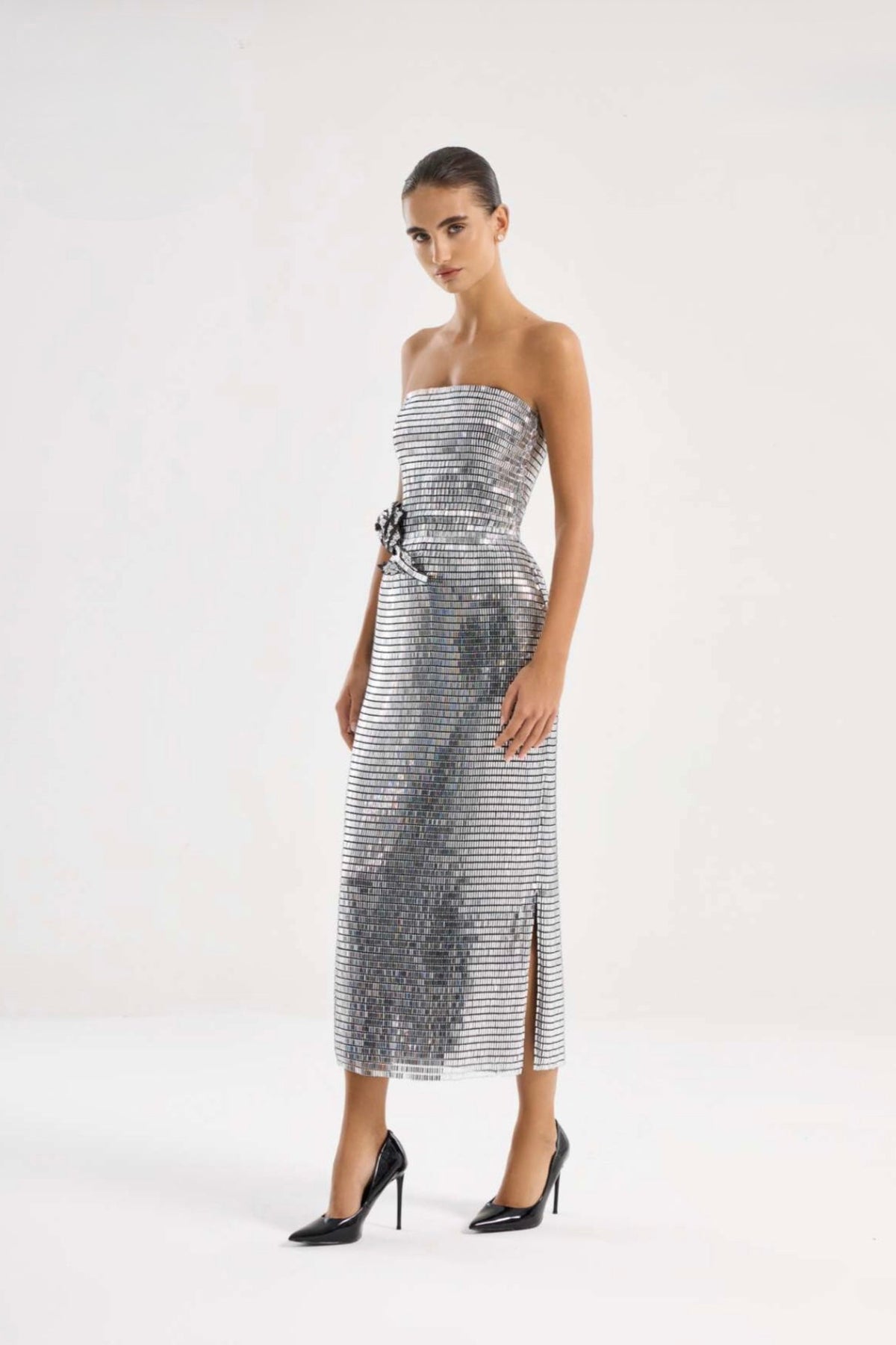Silver strapless embellished midi dress