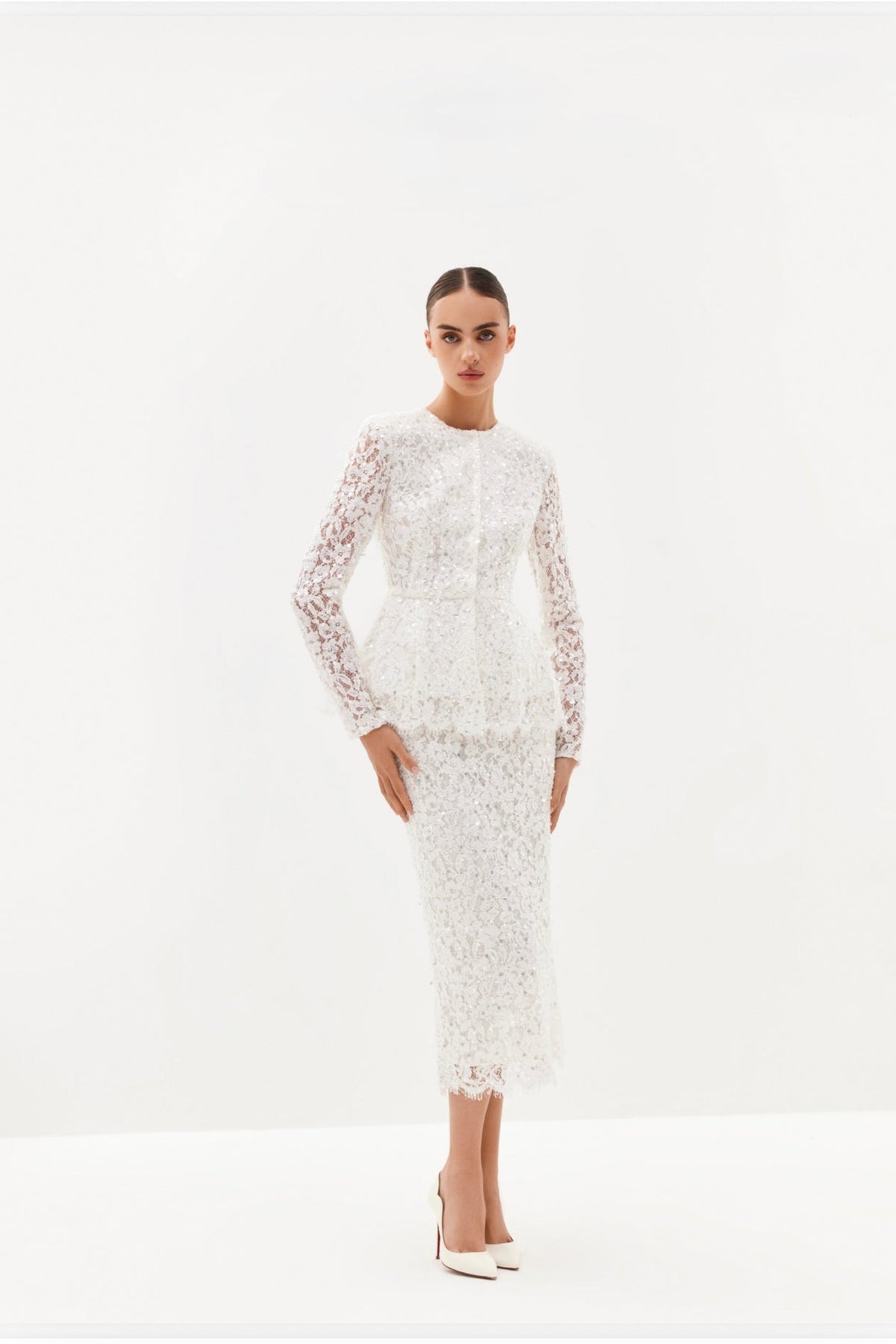 Ivory lace peplum midi dress with long sleeves