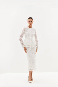 Ivory lace peplum midi dress with long sleeves