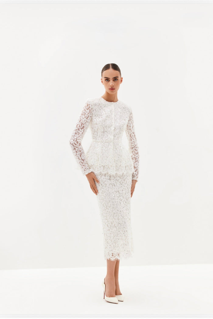 Ivory lace peplum midi dress with long sleeves
