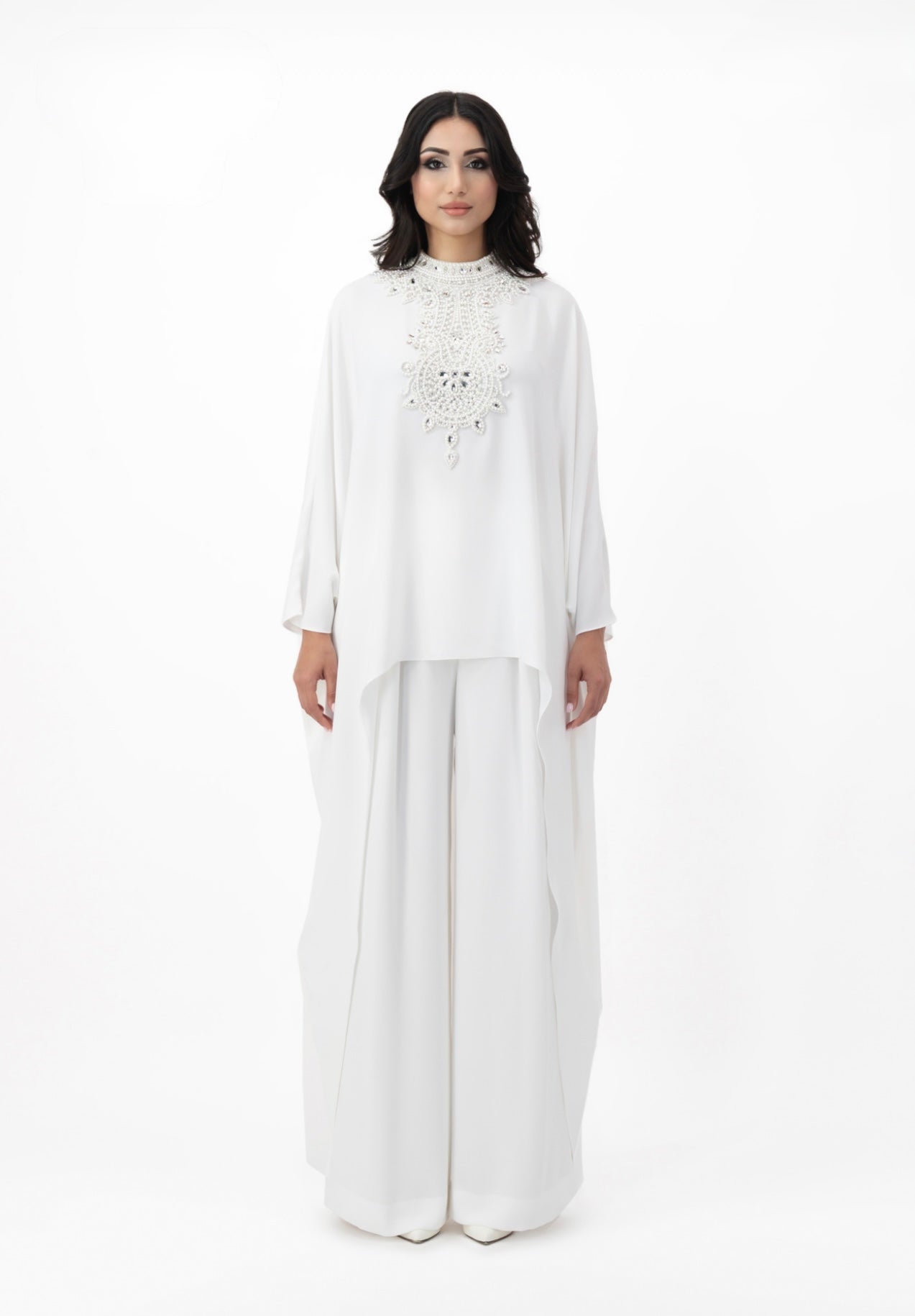 White relaxed open abaya with inner pants