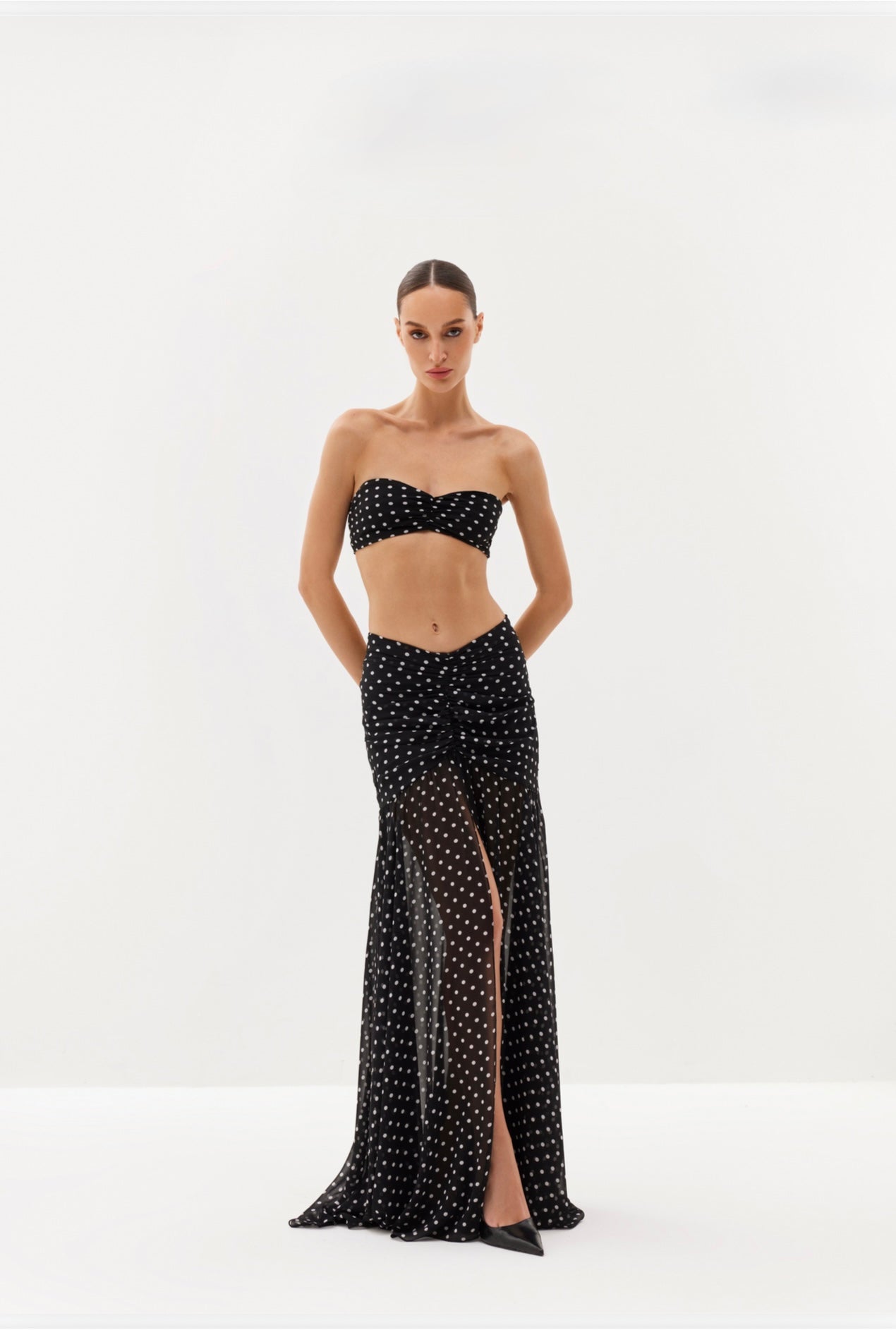 Black polka-dot bandeau top and maxi skirt set
