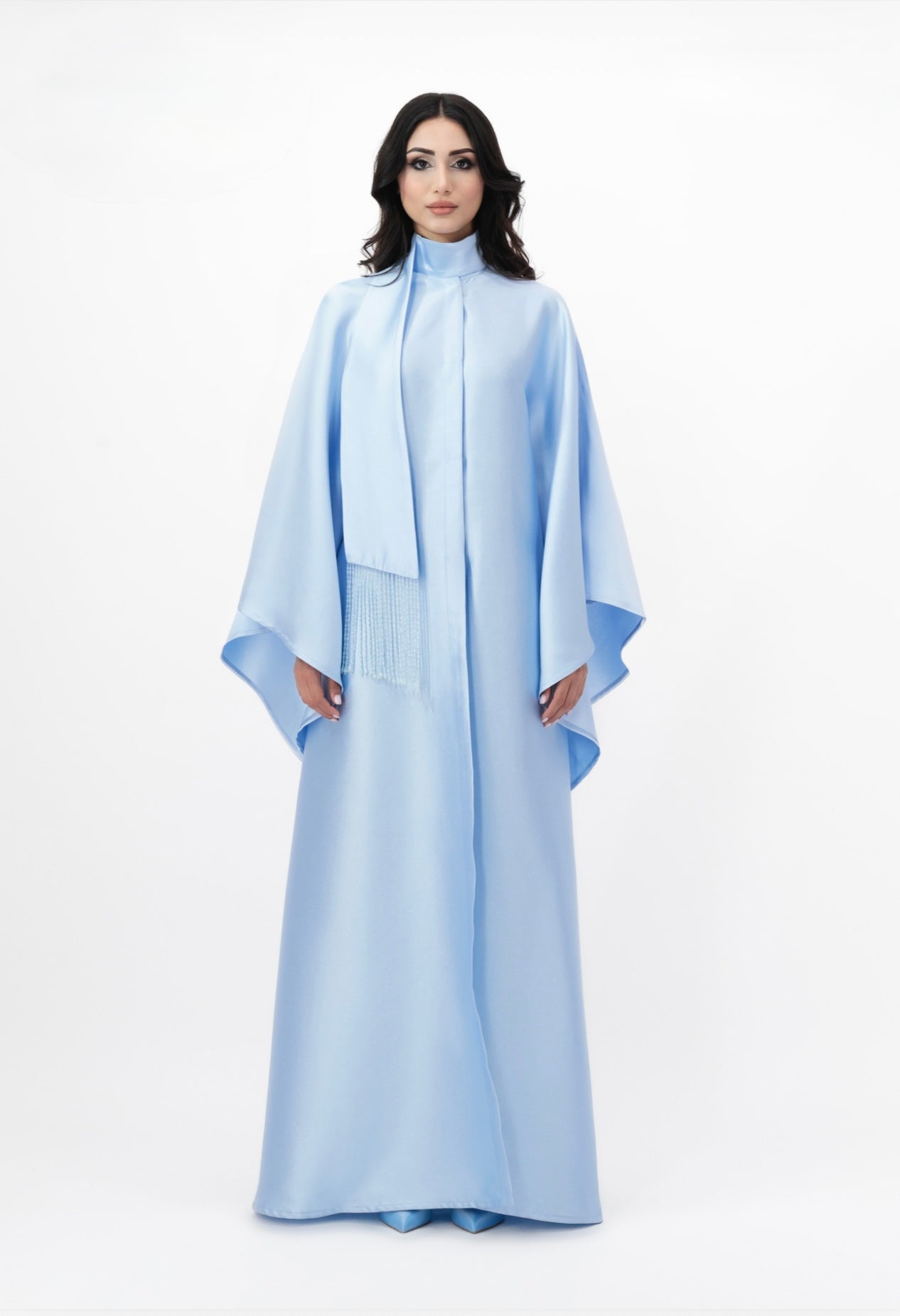 Flowing cape maxi dress with fringe detail