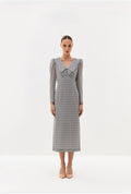 Grey polka-dot midi dress with V-neckline