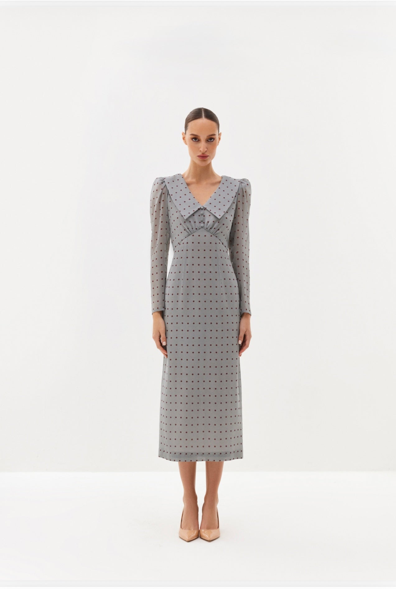 Grey polka-dot midi dress with V-neckline