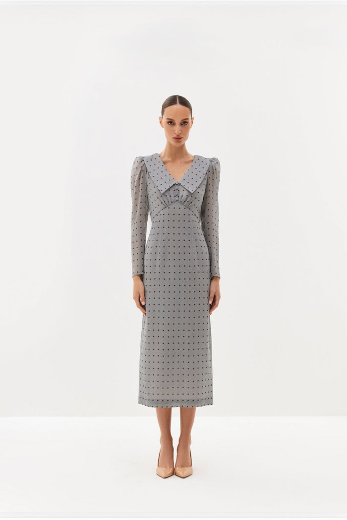 Grey polka-dot midi dress with V-neckline