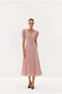 Blush V-neck midi dress with puff sleeves