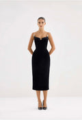 Black velvet strapless midi dress