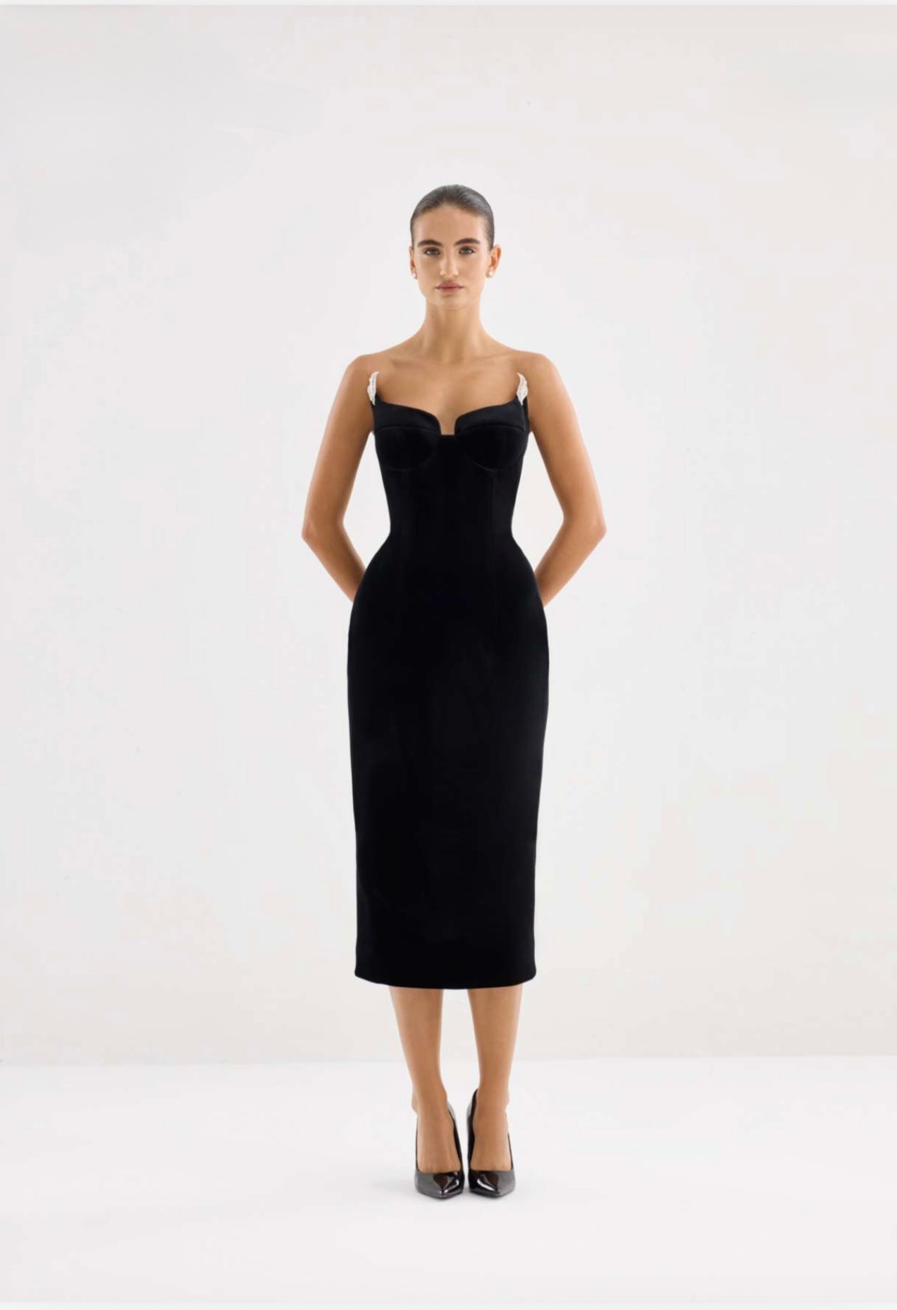 Black velvet strapless midi dress