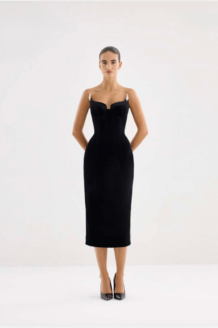 Black velvet strapless midi dress