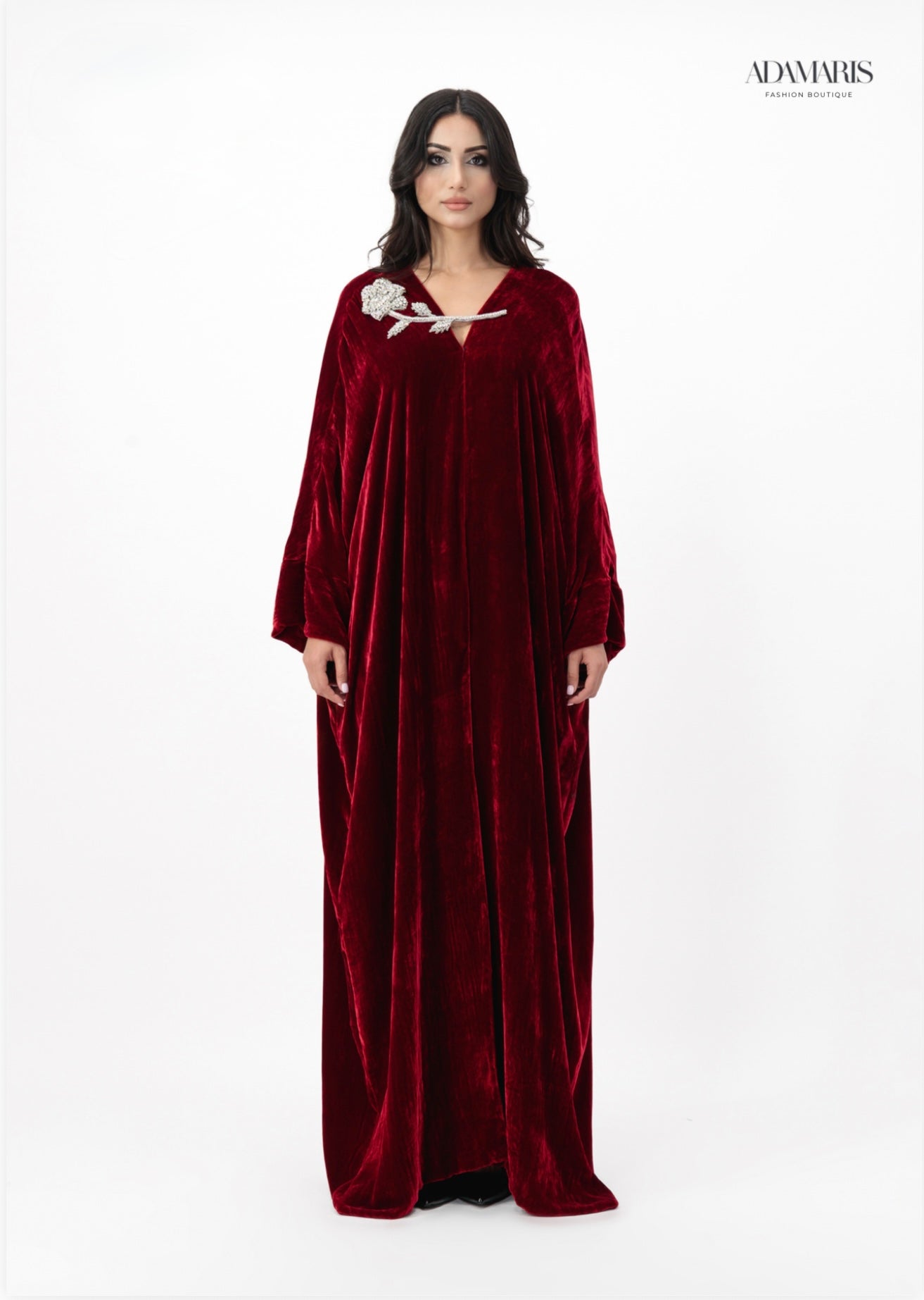 Velvet maxi dress with embellished neckline