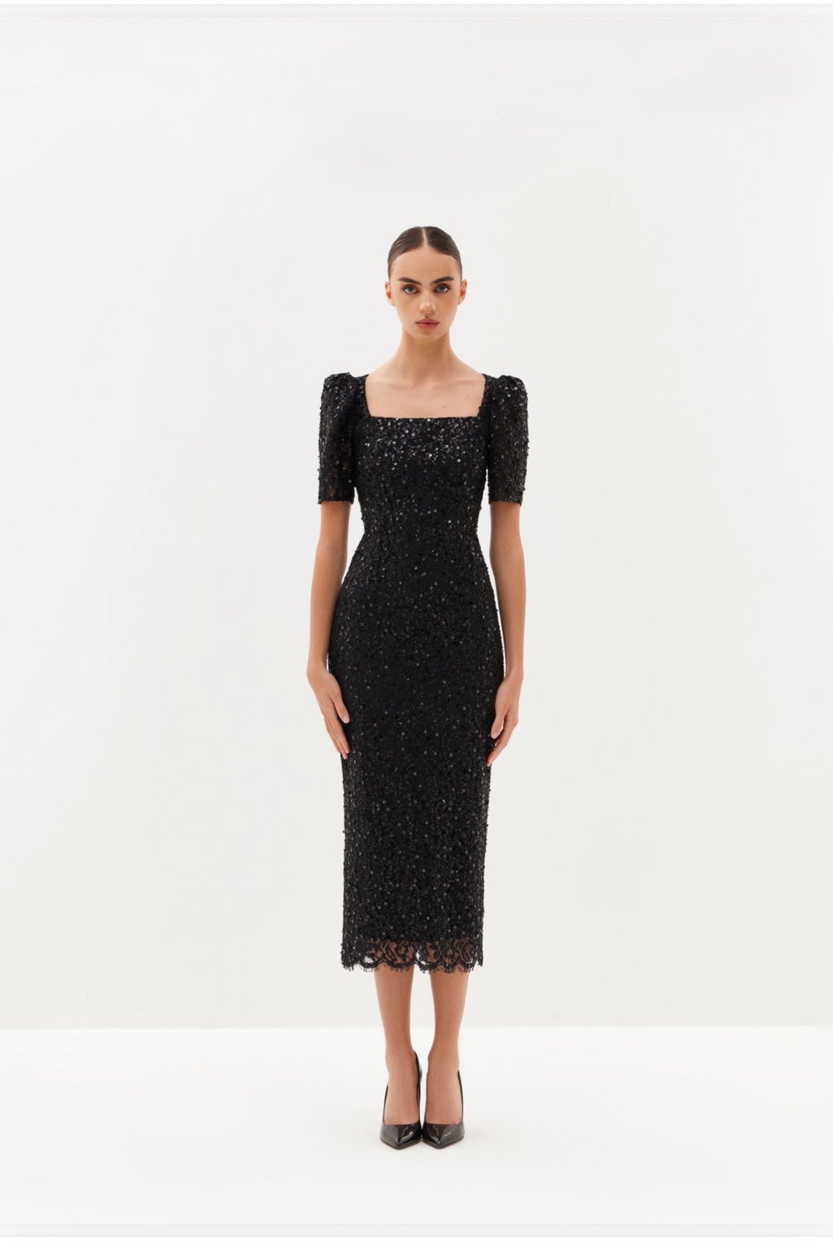 Ivory embellished midi dress with square neckline