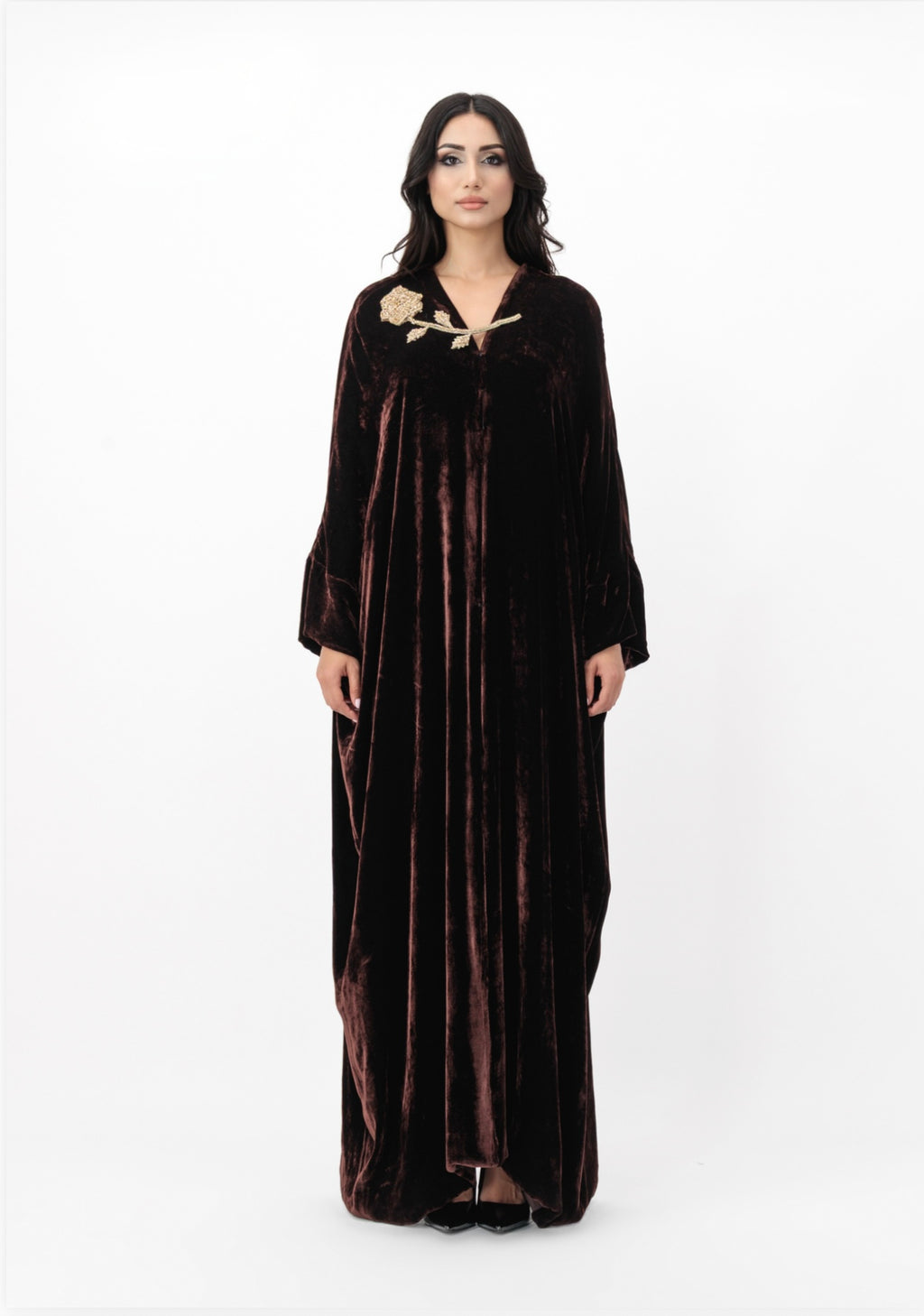Velvet maxi dress with embellished neckline