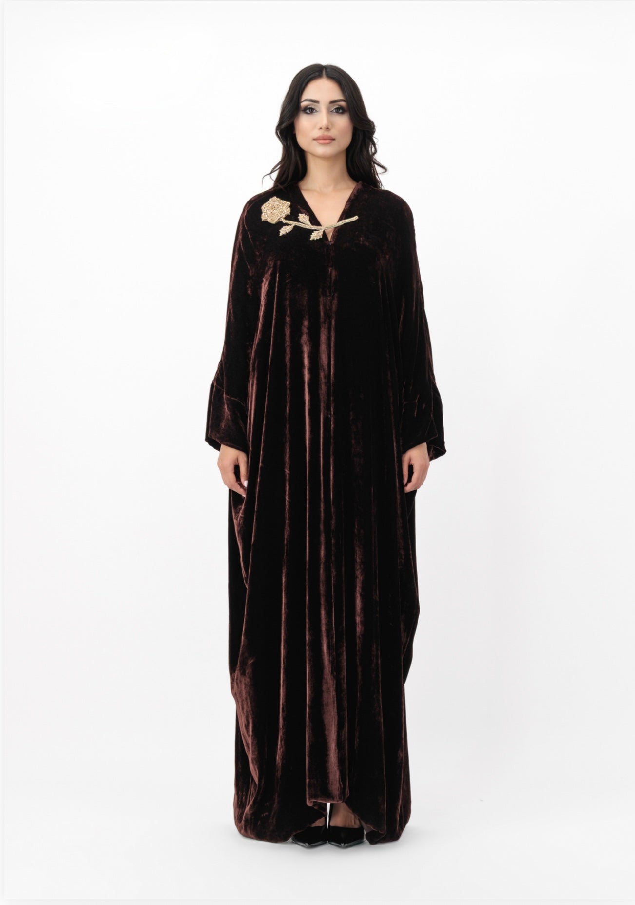 Velvet maxi dress with embellished neckline