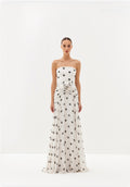 Ivory polka-dot strapless maxi dress with draped waist