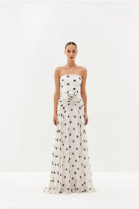 Ivory polka-dot strapless maxi dress with draped waist