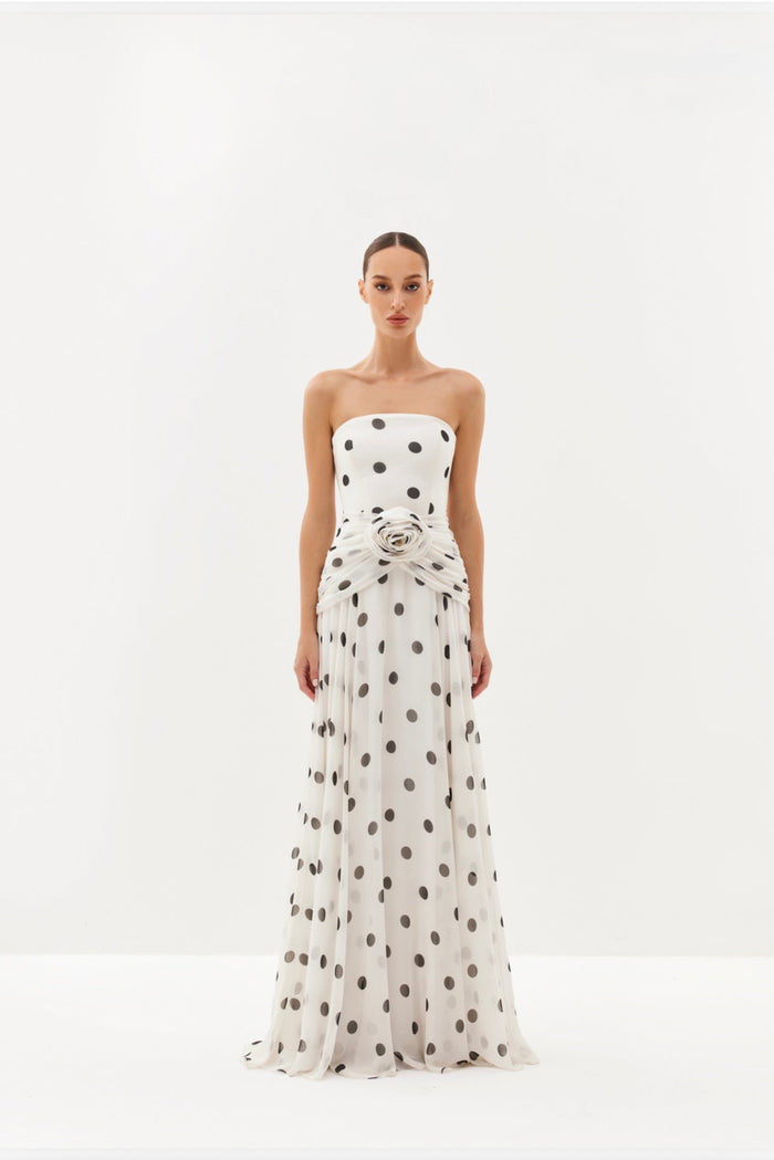 Ivory polka-dot strapless maxi dress with draped waist