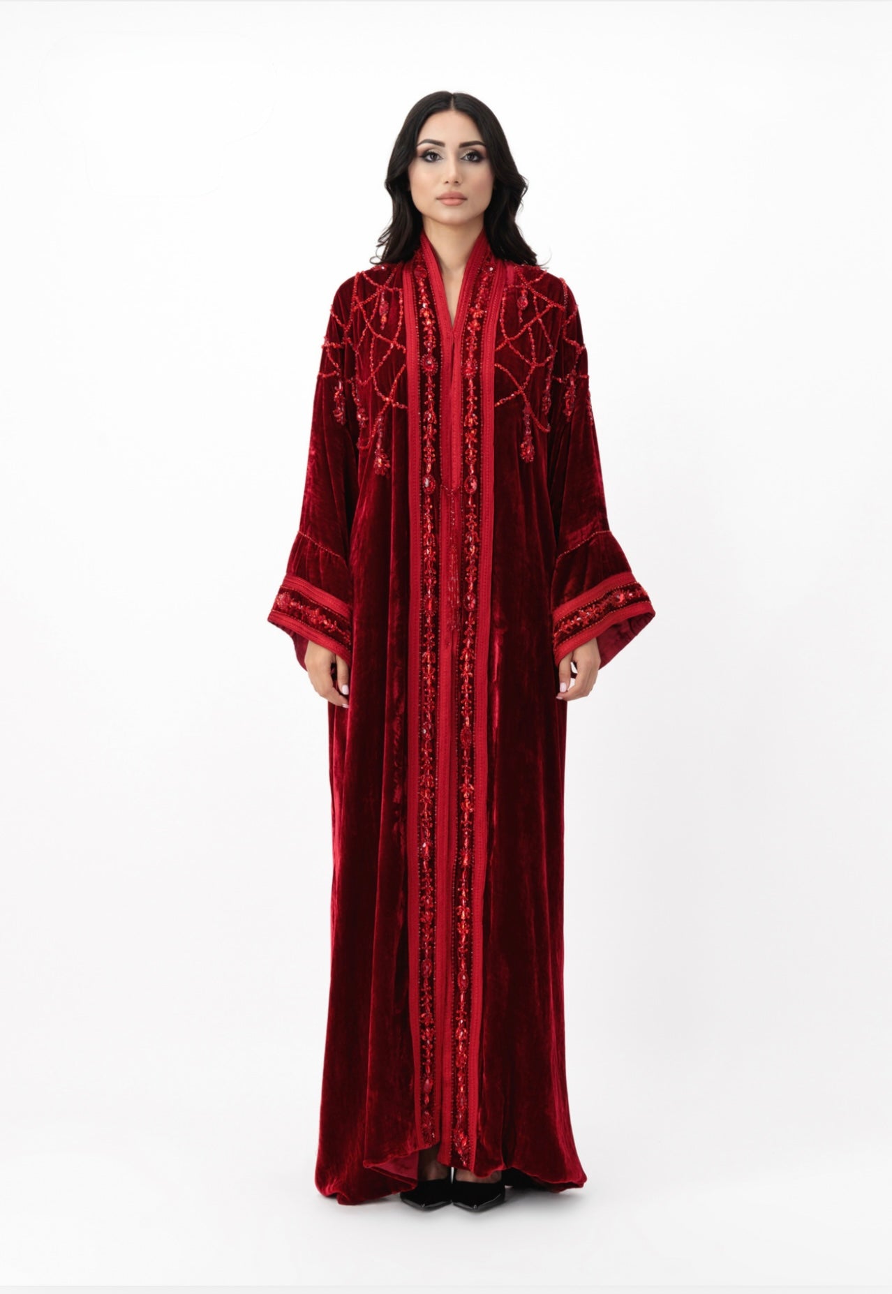Embellished velvet open abaya