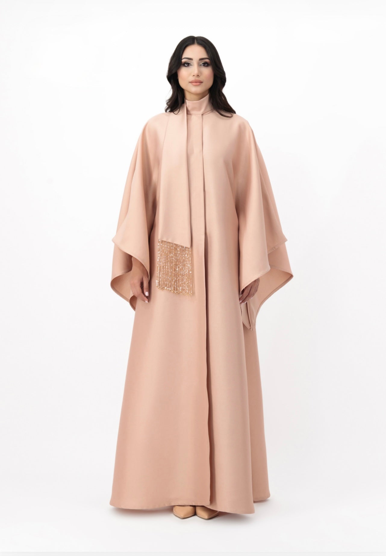 Flowing cape maxi dress with fringe detail