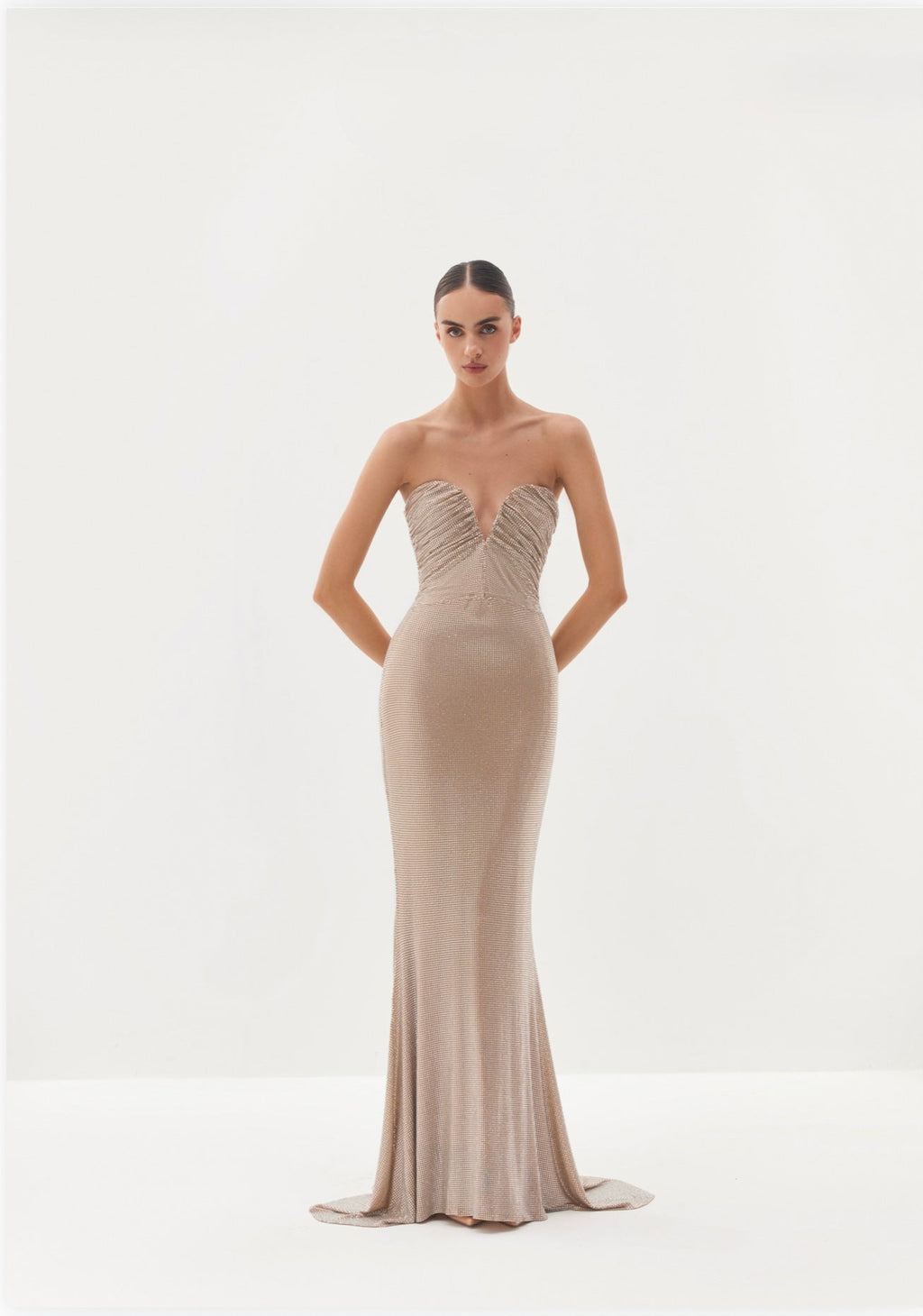 Black strapless maxi dress with draped neckline