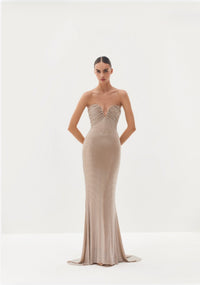 Black strapless maxi dress with draped neckline