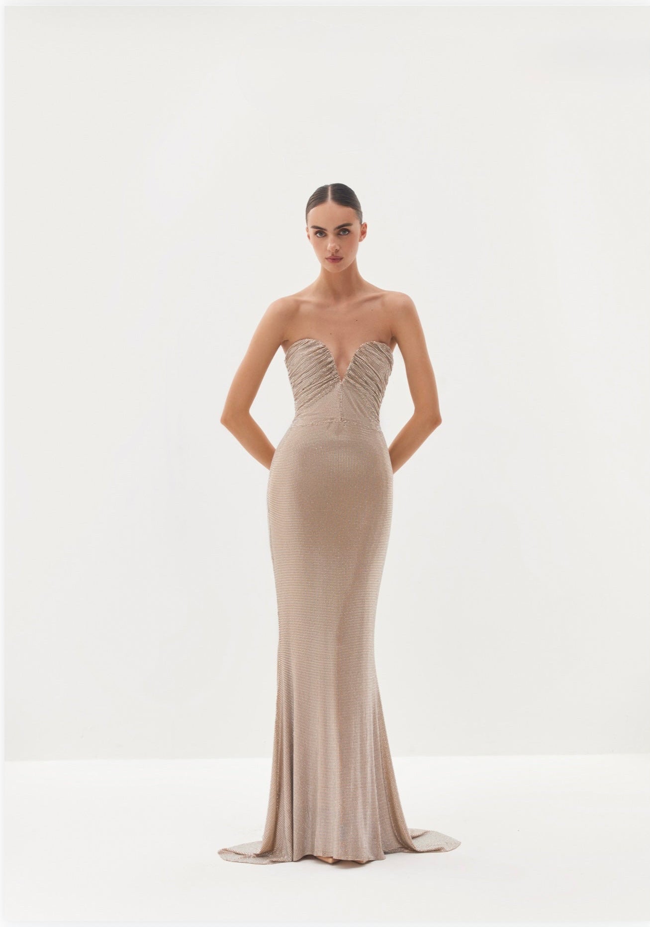 Black strapless maxi dress with draped neckline