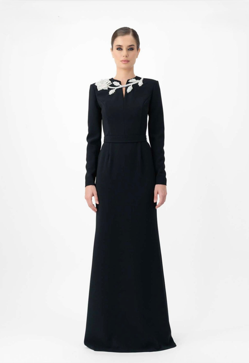 Long-sleeve maxi dress with embellished neckline